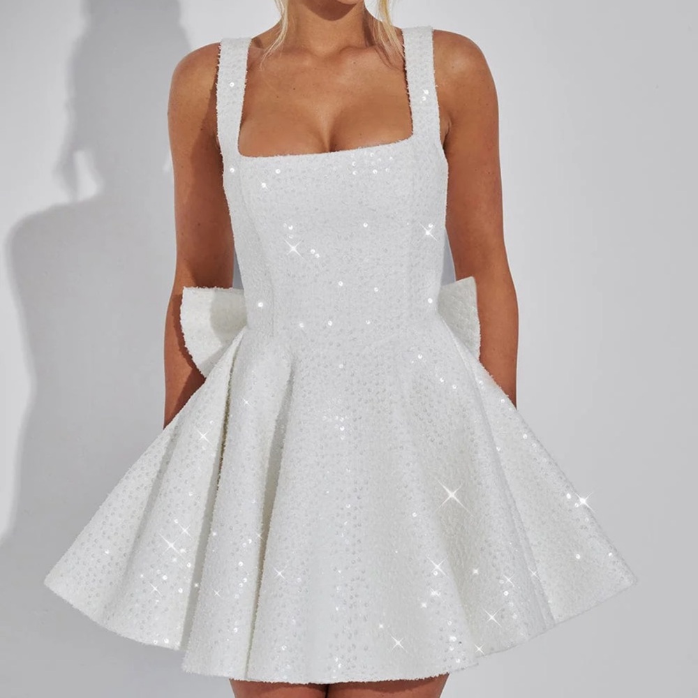 Elegant White Sequin Mini Dress with Square Neck